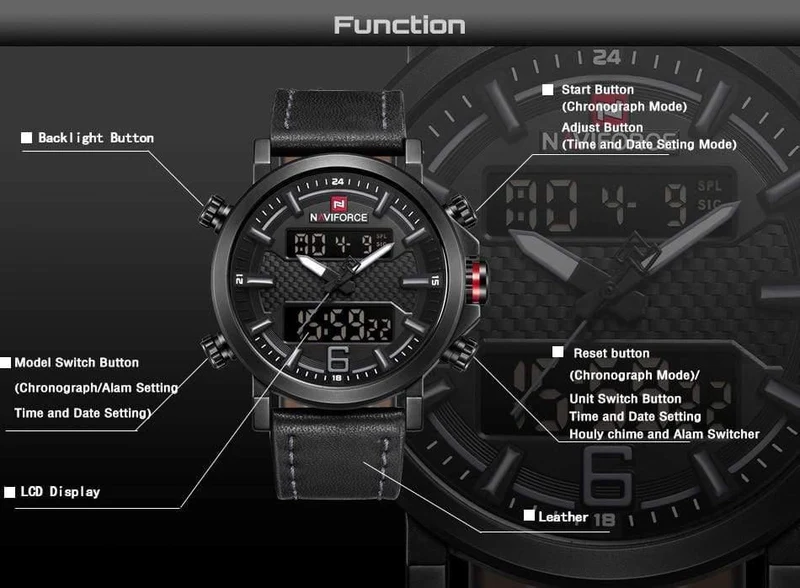 Herrenmode Sportuhr Herren Leder Wasserdicht Quarzuhren Männliches Datum LED Analoguhr Relogio Masculino