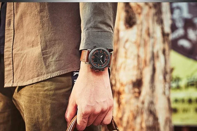 Herrenmode Sportuhr Herren Leder Wasserdicht Quarzuhren Männliches Datum LED Analoguhr Relogio Masculino