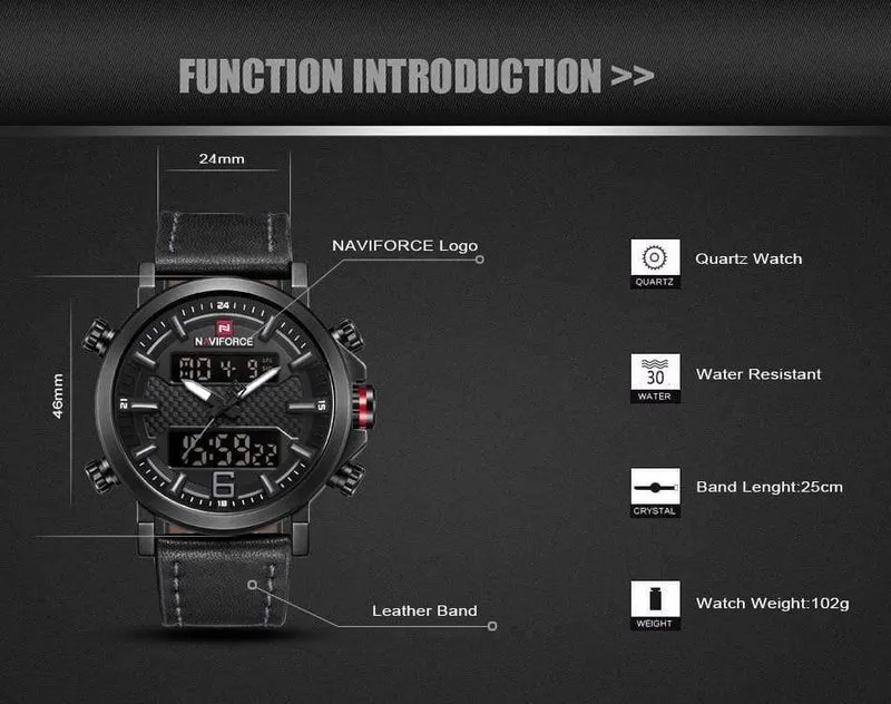 Herrenmode Sportuhr Herren Leder Wasserdicht Quarzuhren Männliches Datum LED Analoguhr Relogio Masculino