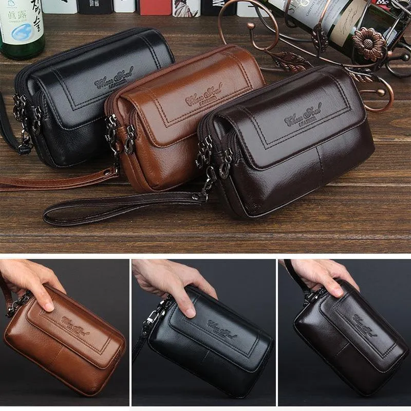 Herren Echtleder Gürteltasche Clutch Portemonnaie Geldbörse Handytasche Modetrend Fanny Handgelenk Handtaschen