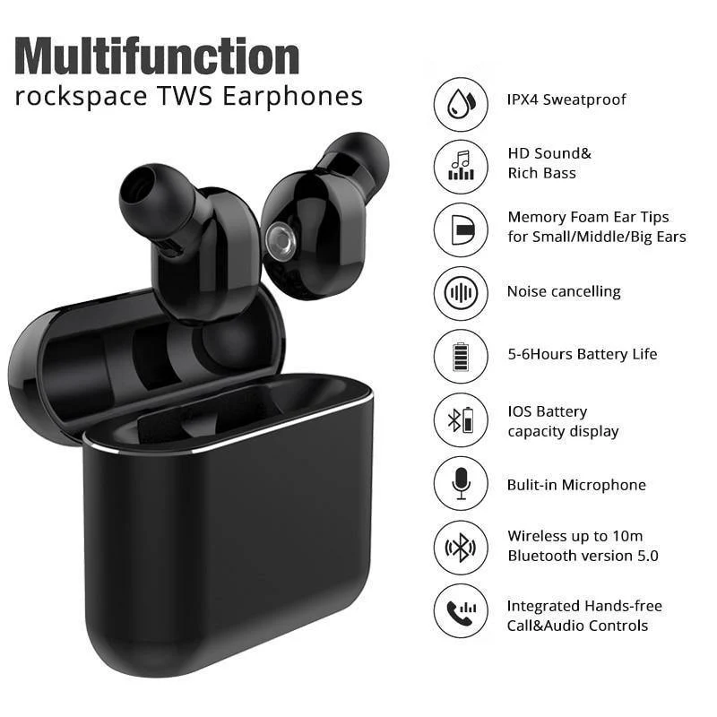 ROCK Twins True Wireless Earbuds Mini Bluetooth Kopfhörer 5.0 In-Ear-Stereo-Headset TWS mit Ladebox