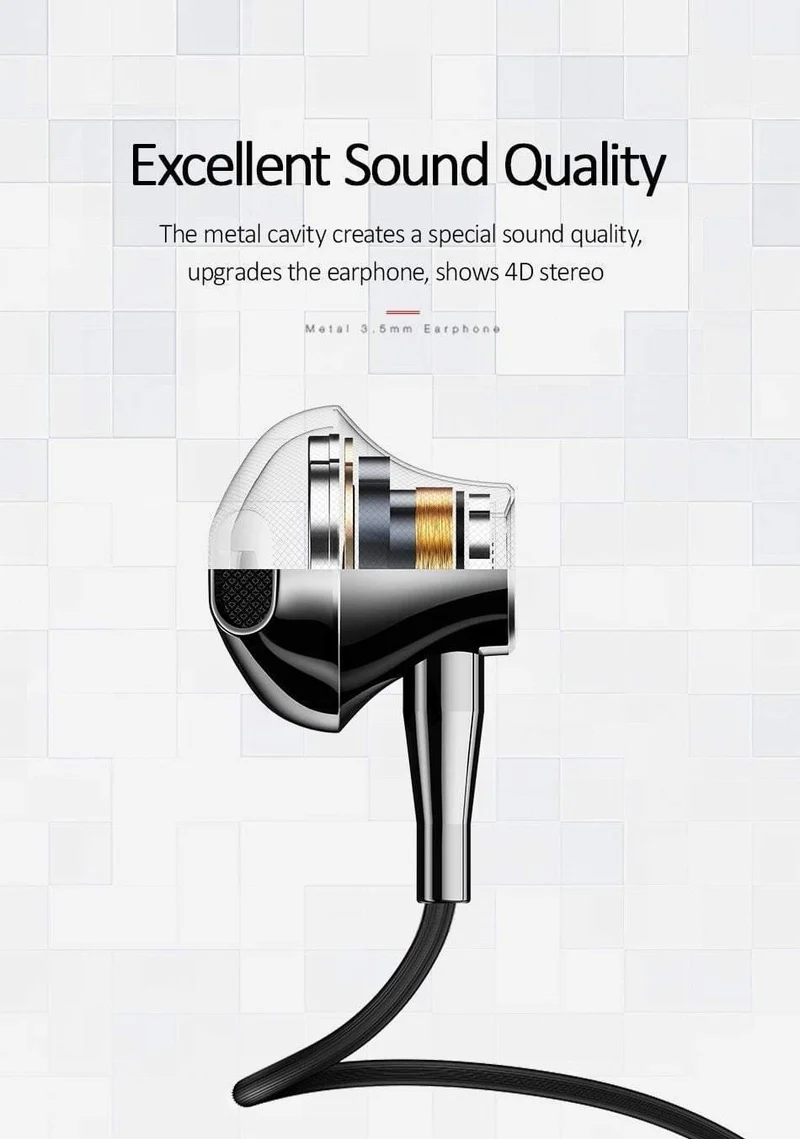 USAMS Metall 3.5 mm In-Ear-Kopfhörer, Hifi-Kabel-Headset mit Mikrofon, 4D-Stereo-In-Ear-3.5-mm-Kopfhörer für iPhone, Samsung, Xiaomi