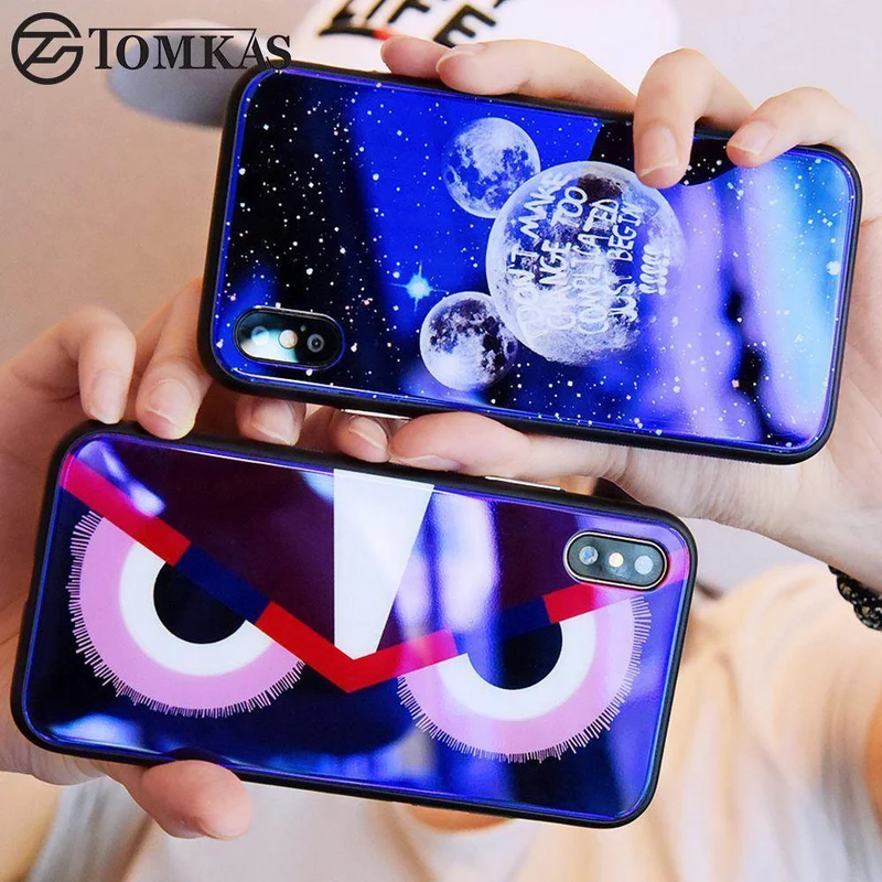 TOMKAS Blue Ray Hartglashülle für iPhone 7 Hülle Cartoon-Muster Hüllen für iPhone X 6 6S 8 Plus Cover Tier Telefon Coque