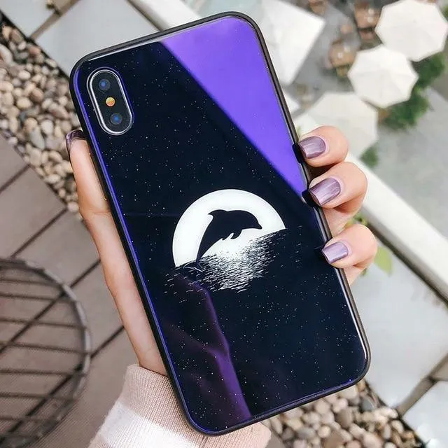 TOMKAS Blue Ray Hartglashülle für iPhone 7 Hülle Cartoon-Muster Hüllen für iPhone X 6 6S 8 Plus Cover Tier Telefon Coque