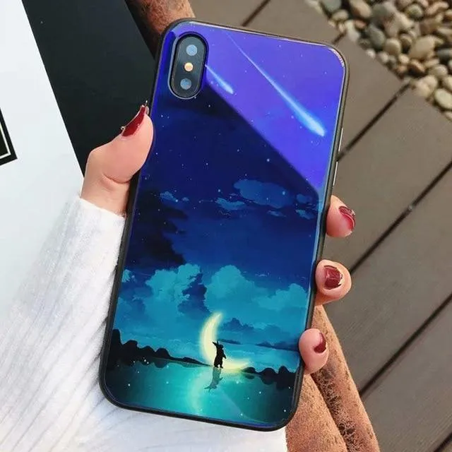 TOMKAS Blue Ray Hartglashülle für iPhone 7 Hülle Cartoon-Muster Hüllen für iPhone X 6 6S 8 Plus Cover Tier Telefon Coque