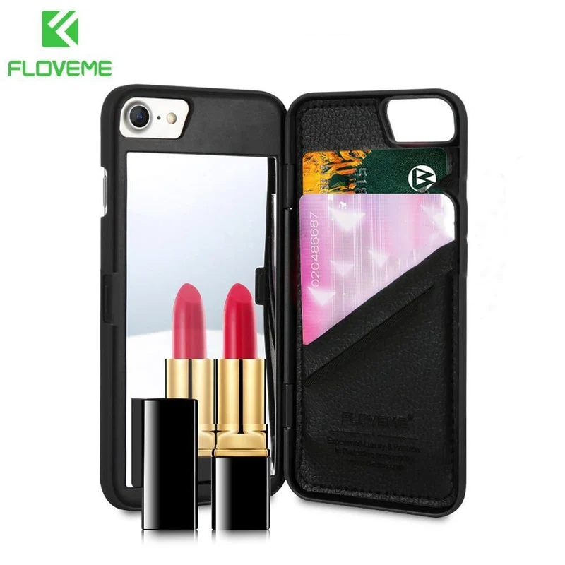 FLOVEME Spiegelhülle für iPhone 6 6s 7 Plus XS MAX XR Brieftasche + Kartensteckplatz-Abdeckung Make-up-Telefonhüllen für Apple iPhone 8X7 Plus Coque