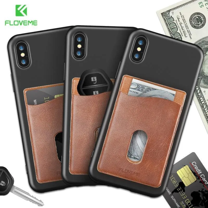 FLOVEME Leder 3M Adhesives Card Sticker Tasche Universal Kreditkartenetui für iPhone X 8 Samsung Damen Herren Handytasche
