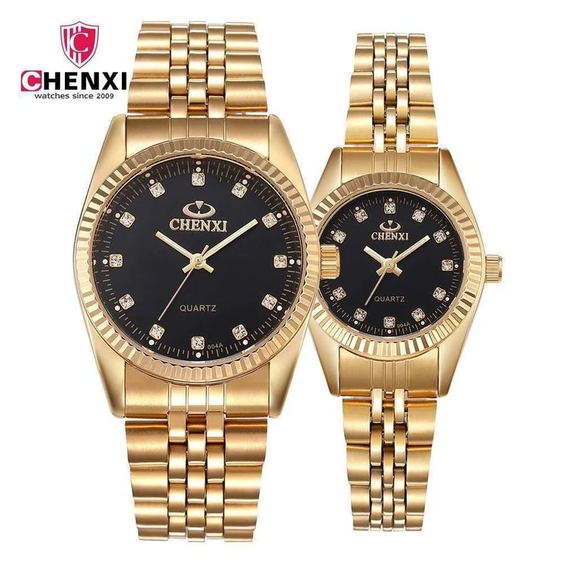 Gold Paar Uhr Frauen Männer Schwarz Luxus Goldenen Edelstahl Business Kleid Liebhaber Armbanduhr Wasserdicht 2 Stück