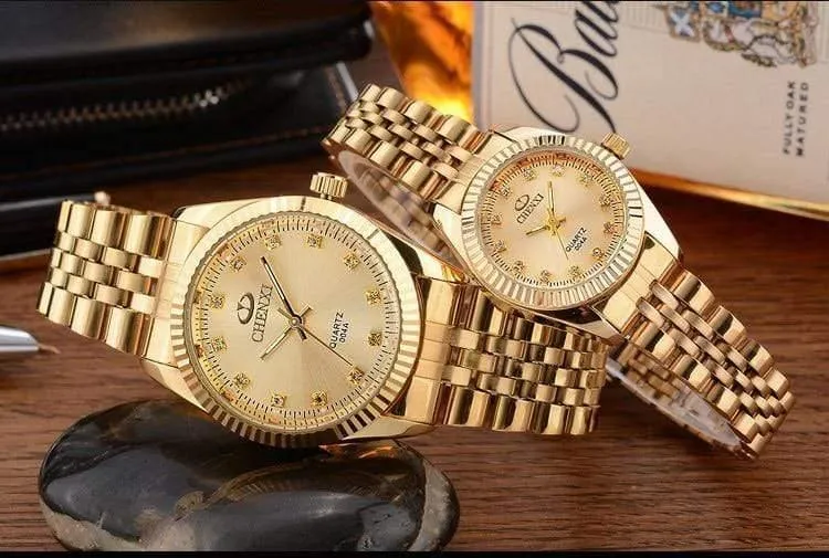 Gold Paar Uhr Frauen Männer Schwarz Luxus Goldenen Edelstahl Business Kleid Liebhaber Armbanduhr Wasserdicht 2 Stück