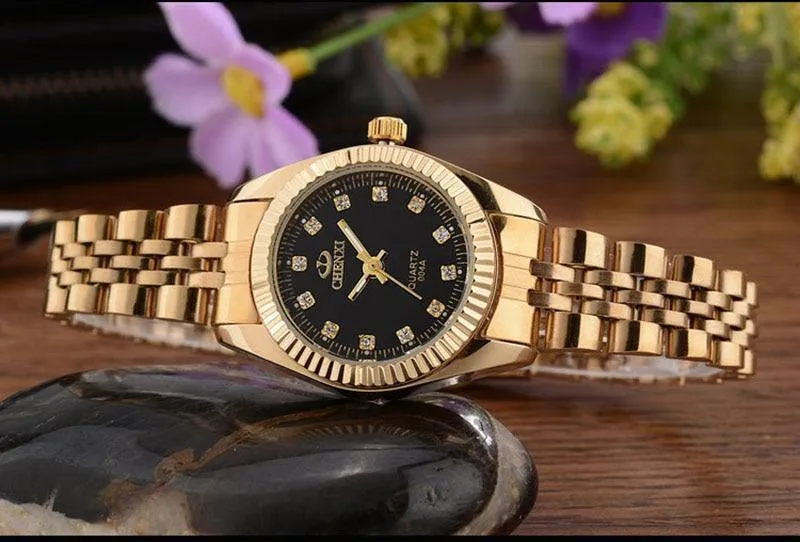 Gold Paar Uhr Frauen Männer Schwarz Luxus Goldenen Edelstahl Business Kleid Liebhaber Armbanduhr Wasserdicht 2 Stück