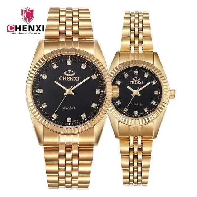 Gold Paar Uhr Frauen Männer Schwarz Luxus Goldenen Edelstahl Business Kleid Liebhaber Armbanduhr Wasserdicht 2 Stück