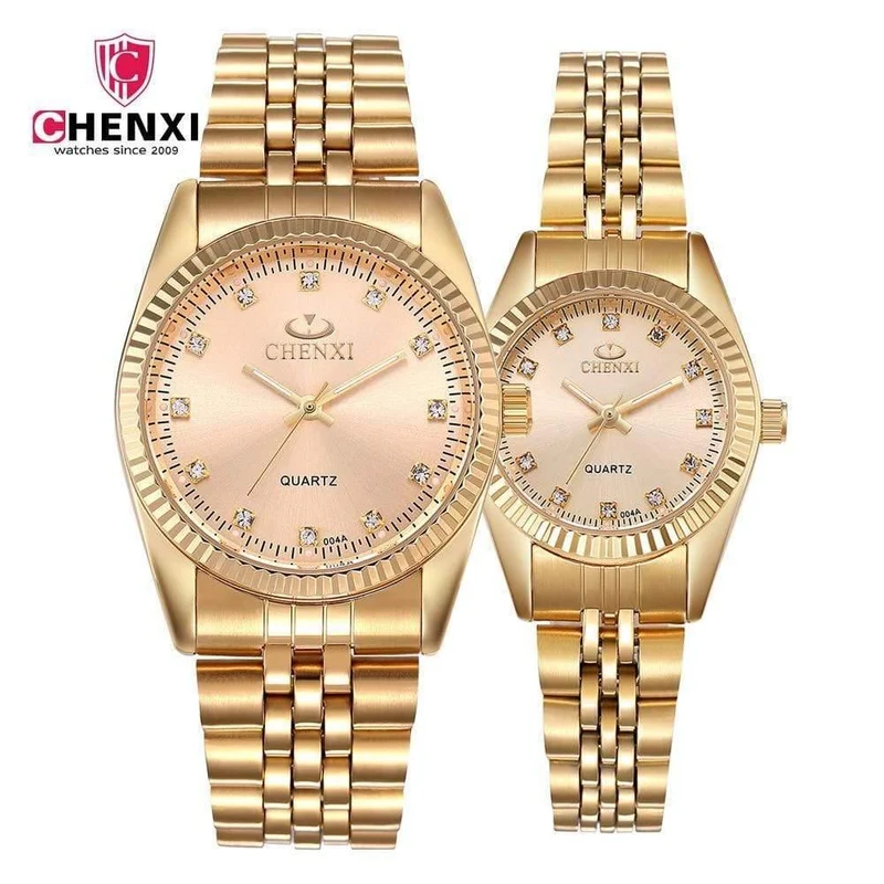 Gold Paar Uhr Frauen Männer Schwarz Luxus Goldenen Edelstahl Business Kleid Liebhaber Armbanduhr Wasserdicht 2 Stück