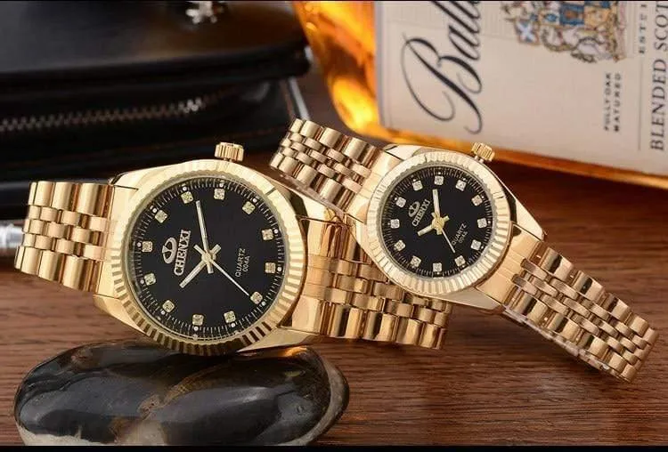 Gold Paar Uhr Frauen Männer Schwarz Luxus Goldenen Edelstahl Business Kleid Liebhaber Armbanduhr Wasserdicht 2 Stück