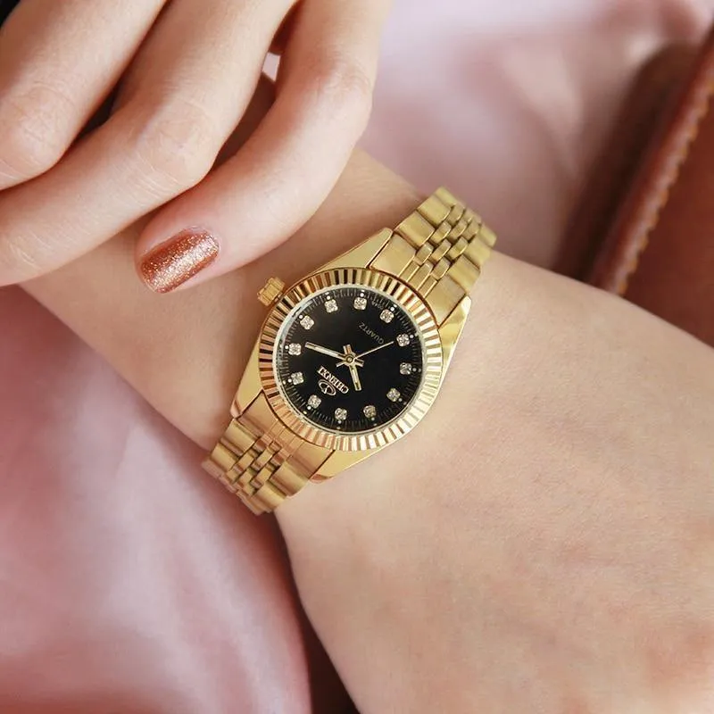 Gold Paar Uhr Frauen Männer Schwarz Luxus Goldenen Edelstahl Business Kleid Liebhaber Armbanduhr Wasserdicht 2 Stück
