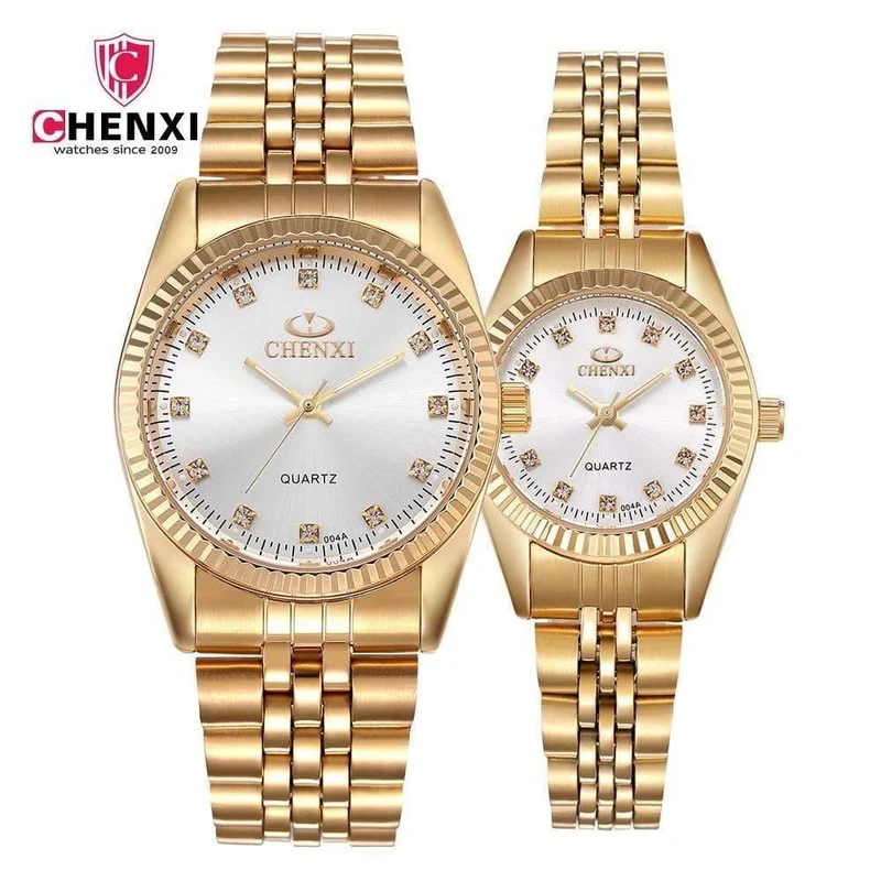 Gold Paar Uhr Frauen Männer Schwarz Luxus Goldenen Edelstahl Business Kleid Liebhaber Armbanduhr Wasserdicht 2 Stück