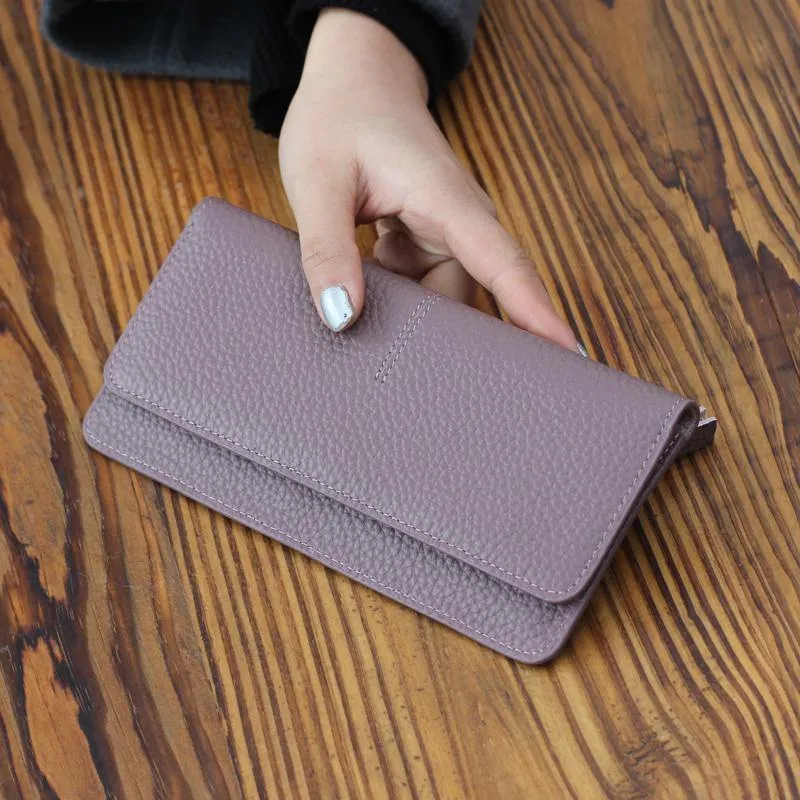 Leder Frauen Brieftasche Mode Einfarbig Geldbörse Multifunktionale Rindsleder Weibliche Lange Frauen Geldbörsen Zipper Karte Halter