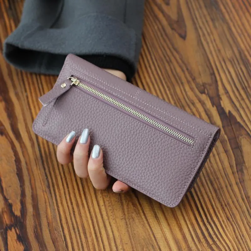Leder Frauen Brieftasche Mode Einfarbig Geldbörse Multifunktionale Rindsleder Weibliche Lange Frauen Geldbörsen Zipper Karte Halter