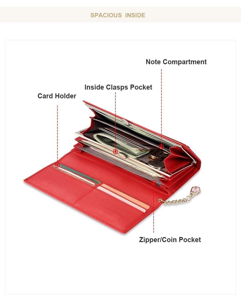 Damen Geldbörse PU Magnetverschluss Damen Geldbörsen Lange Geldbörsen Clutch Rot Kartenhalter Münzbörse Verschlüsse Neu