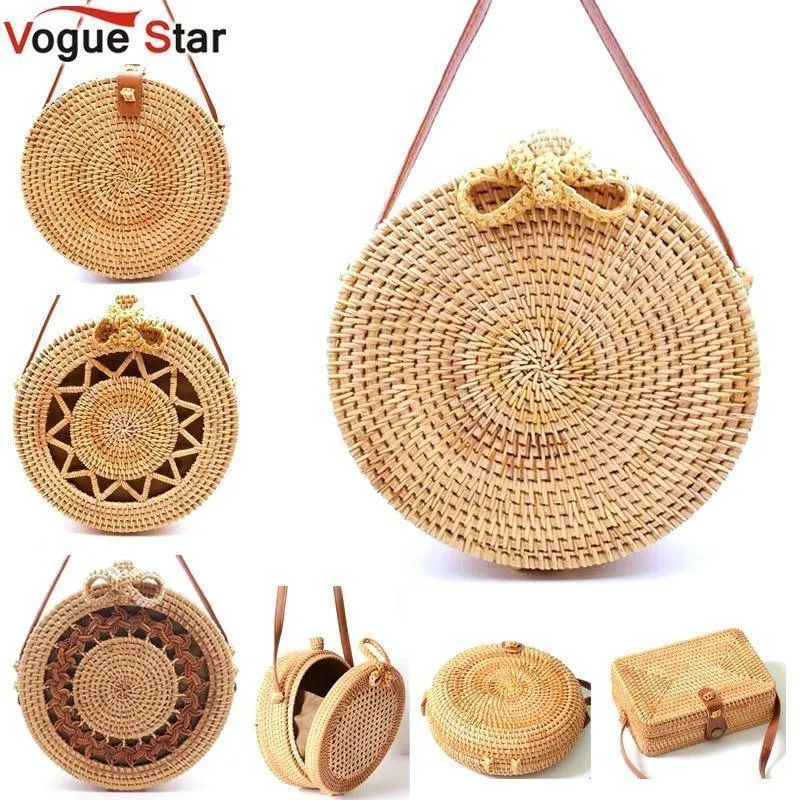 Rund Stroh Taschen Frauen-Sommer-Rattan-Beutel-handgemachte gesponnene Strand Umhängetasche Kreis Böhmen Handtasche Bali Niedrigster Preis L31