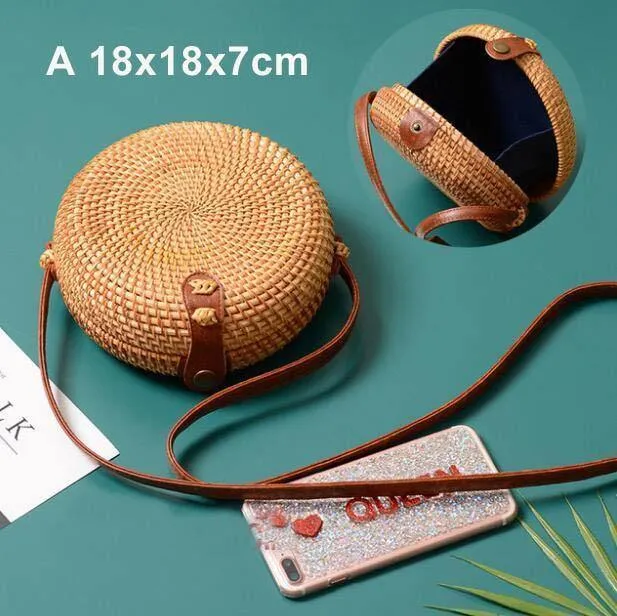 Rund Stroh Taschen Frauen-Sommer-Rattan-Beutel-handgemachte gesponnene Strand Umhängetasche Kreis Böhmen Handtasche Bali Niedrigster Preis L31