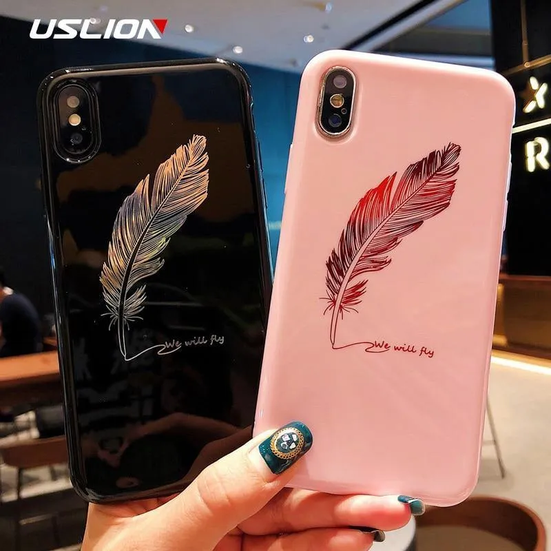 USLION Silikon-Feder-Kasten für iPhone 7 8 Plus XS maximales XR Xs Buchstabe-Telefon-Kästen für iPhone X 8 7 6 6S Plus weiche TPU rückseitige Abdeckung