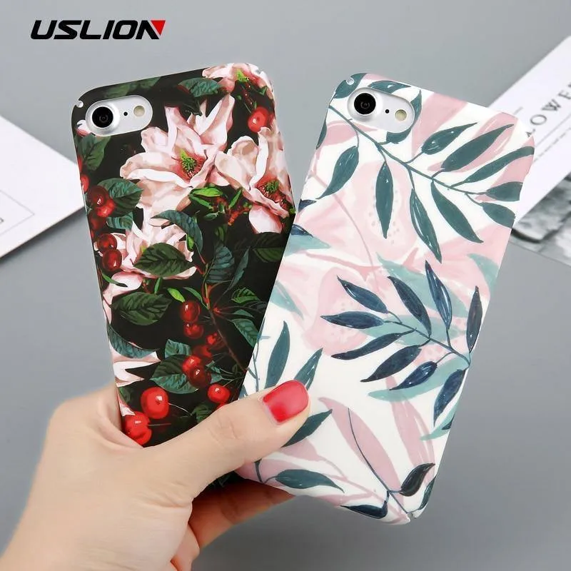 USLION Hülle für iPhone 7 6 X XR XS Max Blume Kirschbaum Harte PC Handyhüllen Bonbonfarben Blätter Hülle für iPhone 6 6s 7 8 Plus