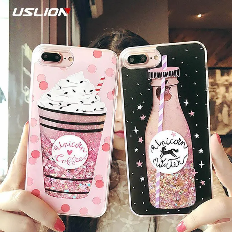 USLION Glitter Bottle Quicksand Dynamische Telefonhülle für iPhone X XS Max XR Bling Fließende Liebesherzhülle für iPhone 8 7 6 6s Plus