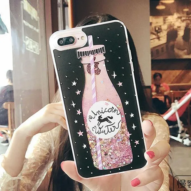 USLION Glitter Bottle Quicksand Dynamische Telefonhülle für iPhone X XS Max XR Bling Fließende Liebesherzhülle für iPhone 8 7 6 6s Plus
