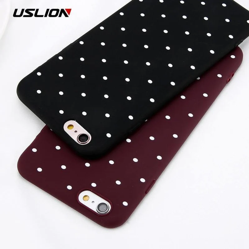 USLION Wine Red Ploka Dots Phone Case For iPhone 6 6s Plus XS Max Wave Point Cover Soft TPU Case For iPhone XR X 8 7 Plus 5 S SE