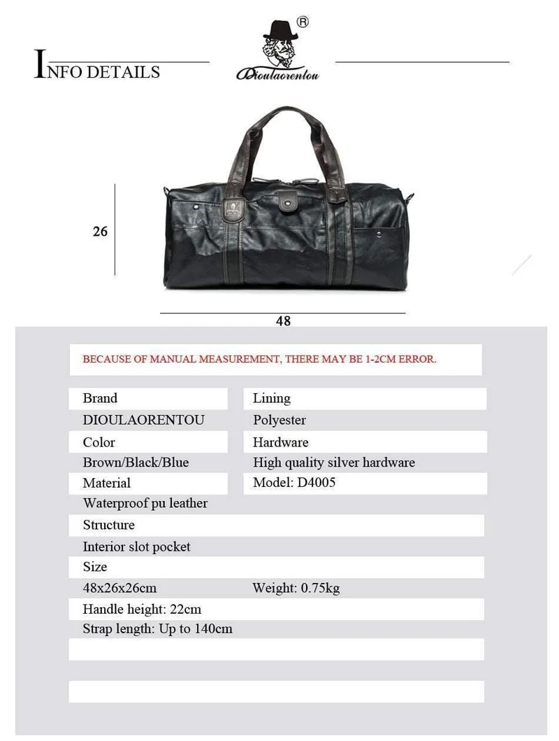Wasserdichte Reisetasche für Frauen Hand Vintage Herren Leder Reisetaschen Pu Leder Wochenendtasche Männer