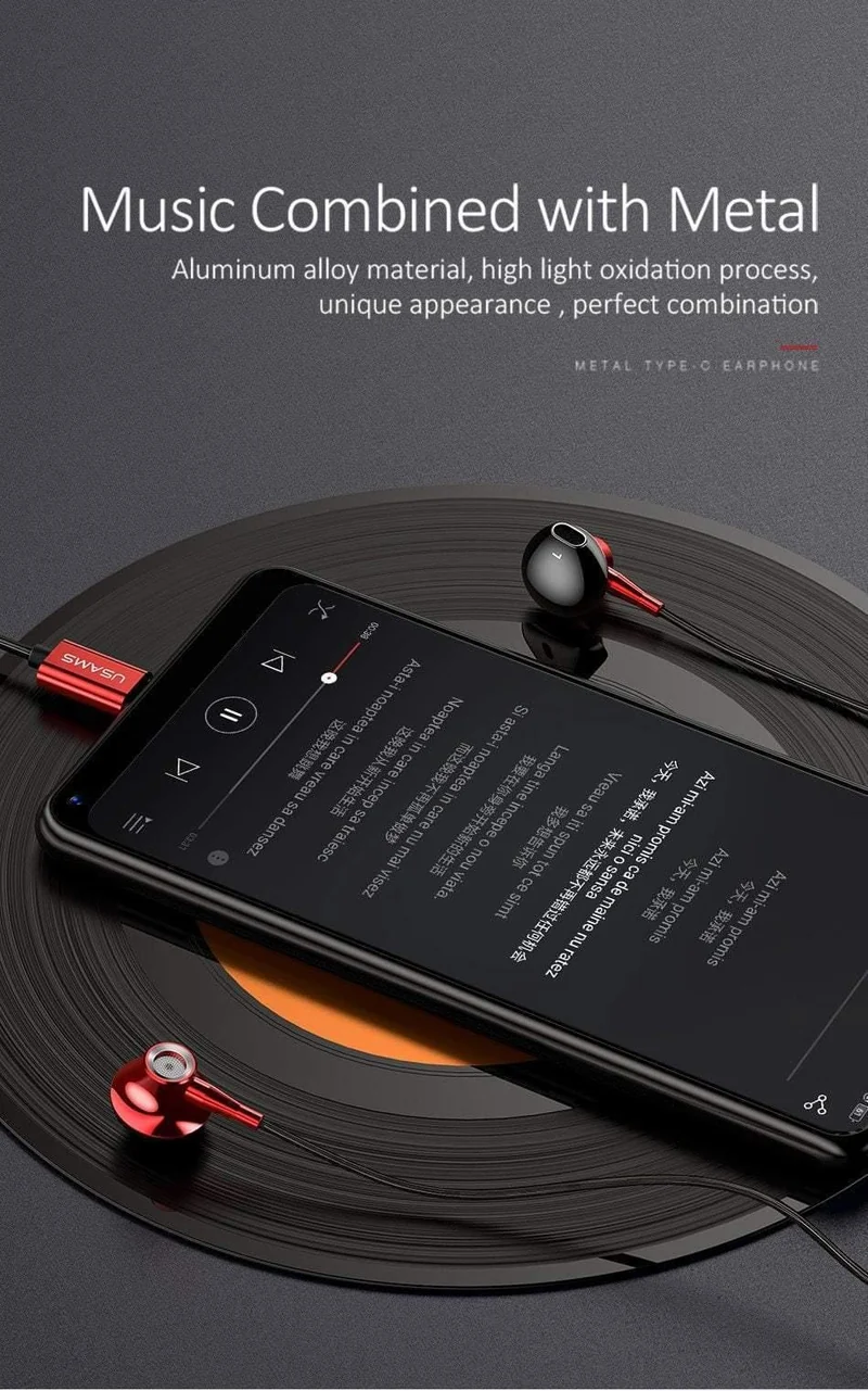 USAMS Metall Typ C In-Ear-Kopfhörer Hochwertiges Hifi-Stereo-Headset Mikrofon Kabelgebundener In-Ear-Kopfhörer Typ C für Samsung Huawei LG