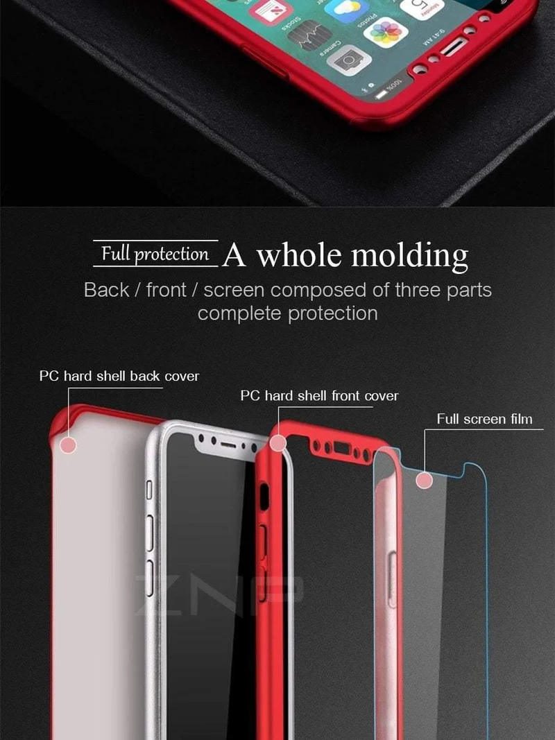 ZNP 360 Grad Stoßfeste Hülle für iPhone X XR XS Max 8 7 6 6s Plus Volle Abdeckung Telefonhülle für iPhone 6 6s 7 8 Hüllen mit Glas