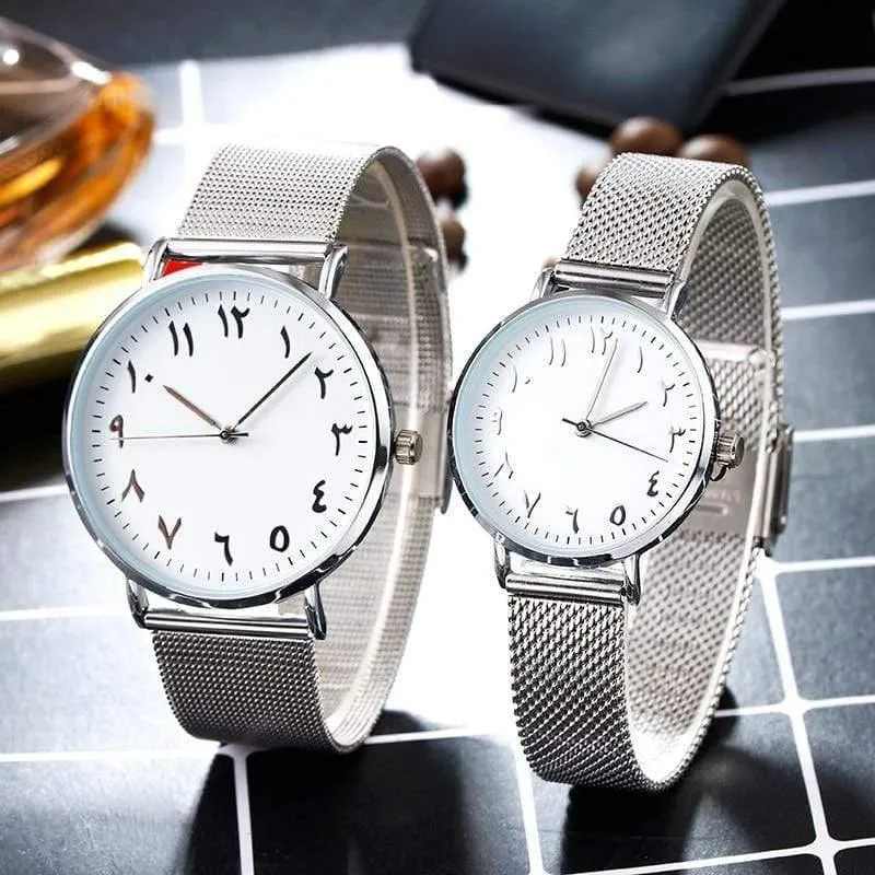 Einzigartige arabische Zahlen, weiß, schwarz, Liebhaberuhr, Mesh-Stahlgürtel, Herren- und Damen-Quarz-Armbanduhr