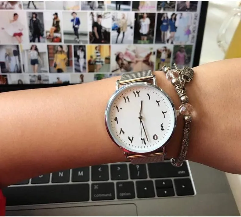 Einzigartige arabische Zahlen, weiß, schwarz, Liebhaberuhr, Mesh-Stahlgürtel, Herren- und Damen-Quarz-Armbanduhr
