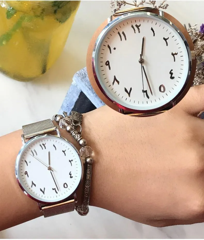 Einzigartige arabische Zahlen, weiß, schwarz, Liebhaberuhr, Mesh-Stahlgürtel, Herren- und Damen-Quarz-Armbanduhr