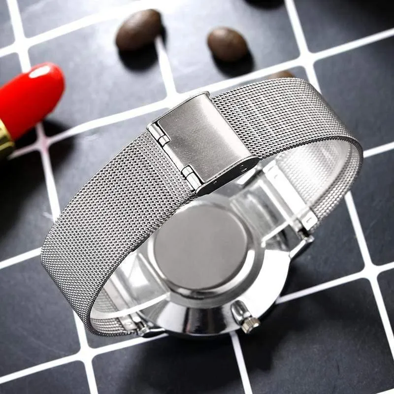 Einzigartige arabische Zahlen, weiß, schwarz, Liebhaberuhr, Mesh-Stahlgürtel, Herren- und Damen-Quarz-Armbanduhr