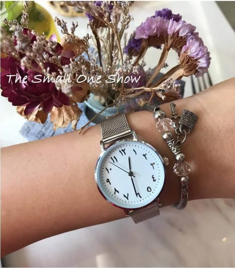 Einzigartige arabische Zahlen, weiß, schwarz, Liebhaberuhr, Mesh-Stahlgürtel, Herren- und Damen-Quarz-Armbanduhr