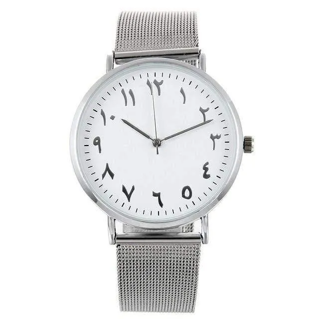 Einzigartige arabische Zahlen, weiß, schwarz, Liebhaberuhr, Mesh-Stahlgürtel, Herren- und Damen-Quarz-Armbanduhr