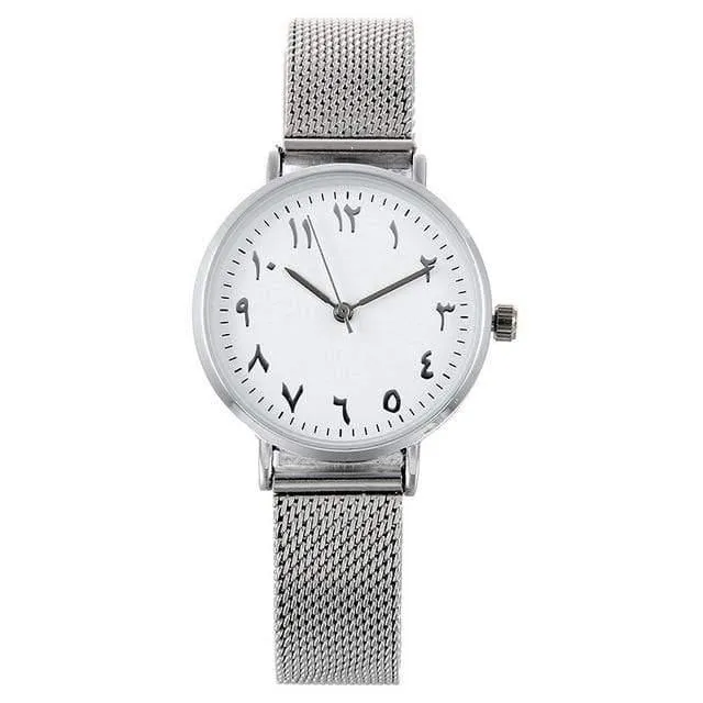 Einzigartige arabische Zahlen, weiß, schwarz, Liebhaberuhr, Mesh-Stahlgürtel, Herren- und Damen-Quarz-Armbanduhr