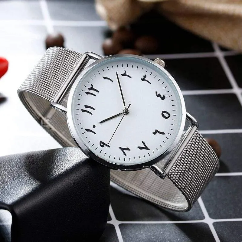 Einzigartige arabische Zahlen, weiß, schwarz, Liebhaberuhr, Mesh-Stahlgürtel, Herren- und Damen-Quarz-Armbanduhr