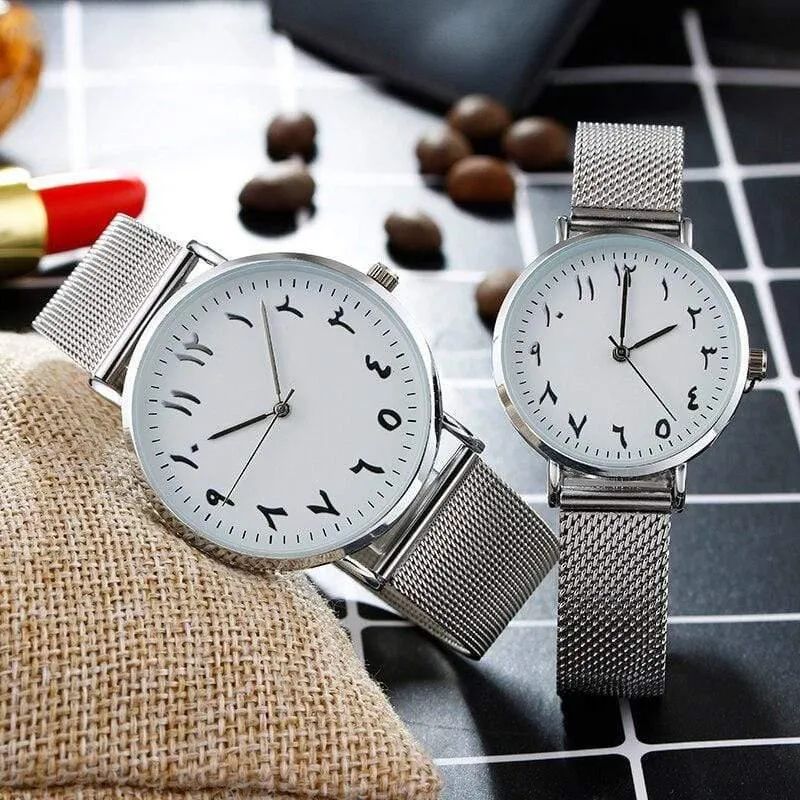 Einzigartige arabische Zahlen, weiß, schwarz, Liebhaberuhr, Mesh-Stahlgürtel, Herren- und Damen-Quarz-Armbanduhr