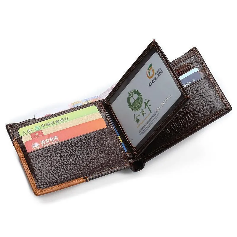 Herren-Geldbörsen aus echtem Leder, Markenbrieftasche, kurze Patchwork-Leder-Geldbörse mit Münzfach mit Reißverschluss