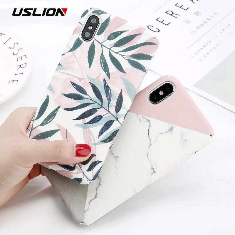 USLION Marble Phone Case For iPhone XS Max XR X Cherry Rose Floral Camellia Flower Case For iPhone 7 8 6 6S Plus Hard PC Cover