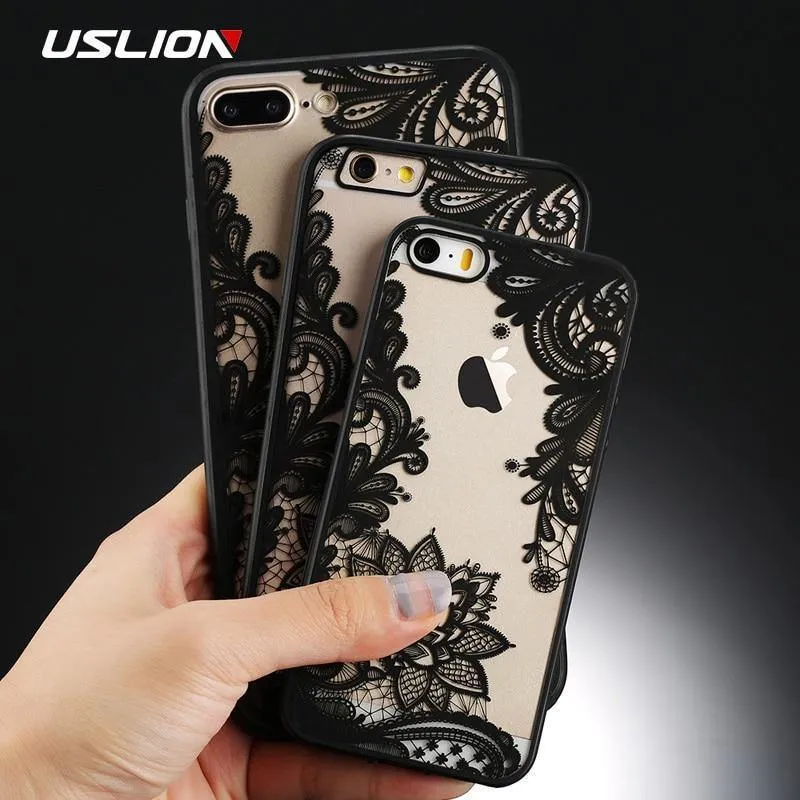 USLION Sexy Floral Phone Case For Apple iPhone 7 8 6 6s 5 5s SE Plus Lace Flower Hard PC Cases Back Cover For iPhone X XR XS Max