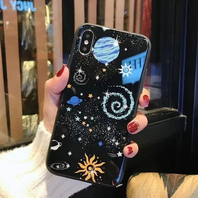 USLION Glossy Space Planet Stars Phone Case For iPhone X XR XS Max Glass Hard Back Cover For iPhone 8 7 6 6s Plus Cases Coque