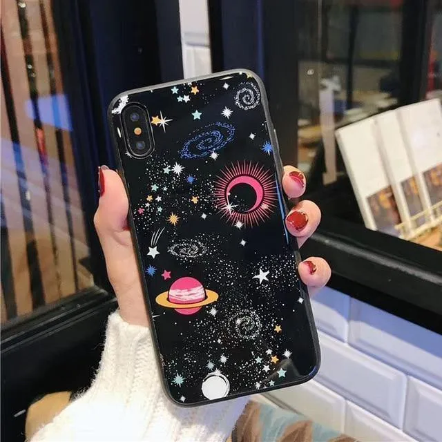 USLION Glossy Space Planet Stars Phone Case For iPhone X XR XS Max Glass Hard Back Cover For iPhone 8 7 6 6s Plus Cases Coque