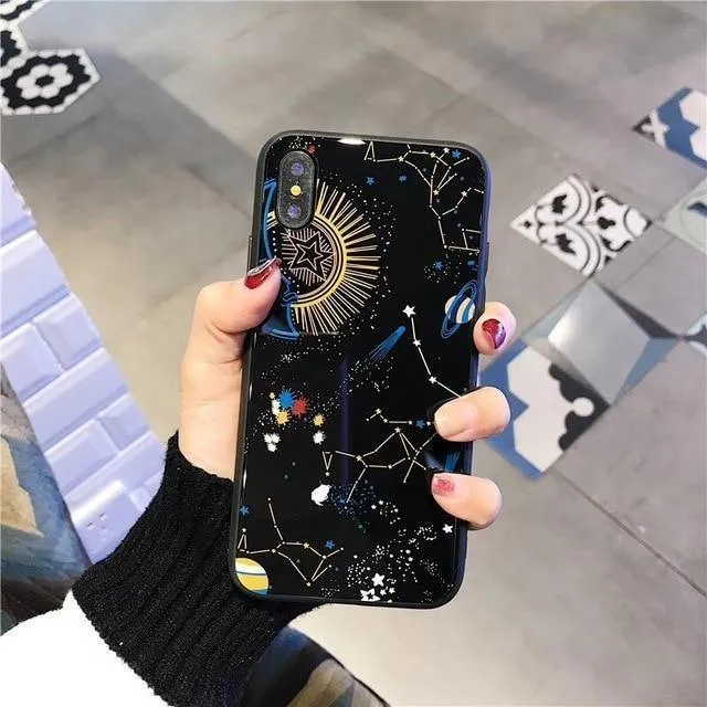 USLION Glossy Space Planet Stars Phone Case For iPhone X XR XS Max Glass Hard Back Cover For iPhone 8 7 6 6s Plus Cases Coque