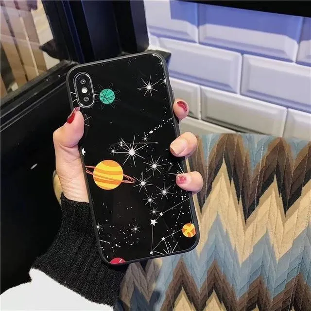USLION Glossy Space Planet Stars Phone Case For iPhone X XR XS Max Glass Hard Back Cover For iPhone 8 7 6 6s Plus Cases Coque