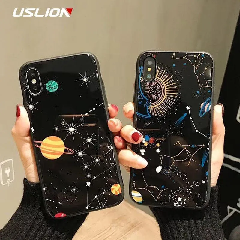 USLION Glossy Space Planet Stars Phone Case For iPhone X XR XS Max Glass Hard Back Cover For iPhone 8 7 6 6s Plus Cases Coque