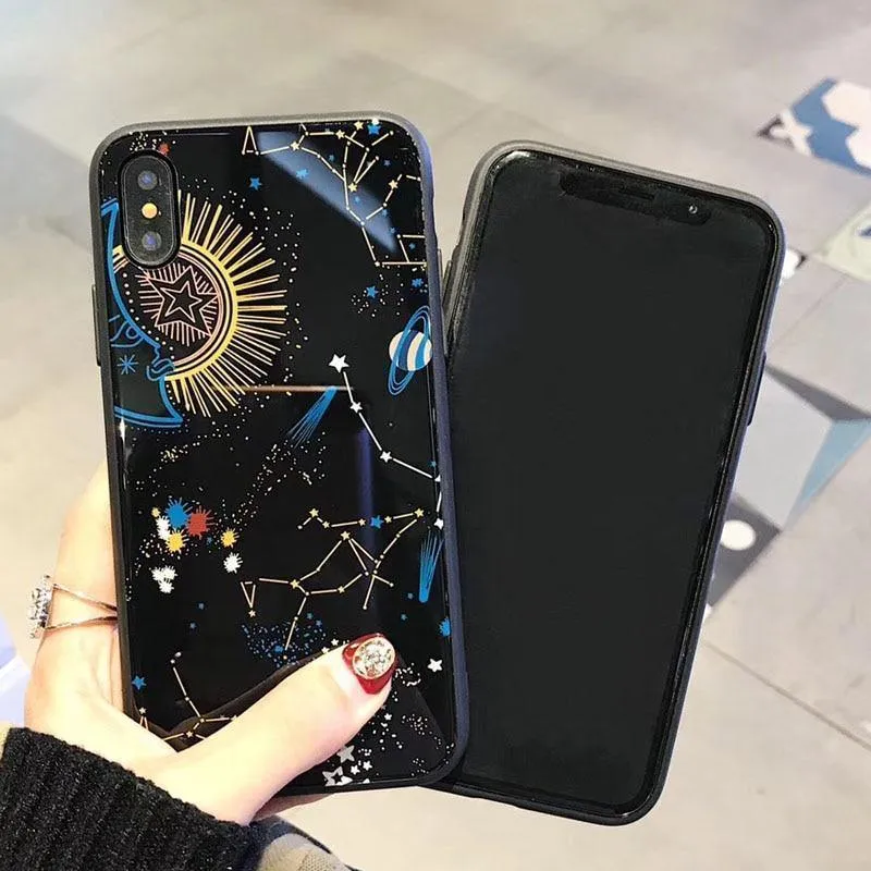 USLION Glossy Space Planet Stars Phone Case For iPhone X XR XS Max Glass Hard Back Cover For iPhone 8 7 6 6s Plus Cases Coque
